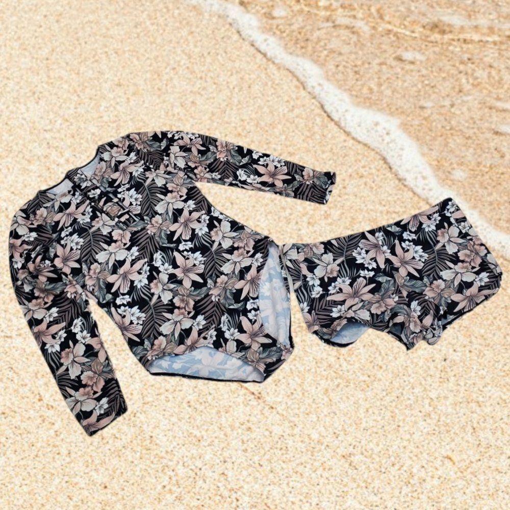 Misfit Retro Floral Cut Out Zipped Rashguard Set G-0191.92